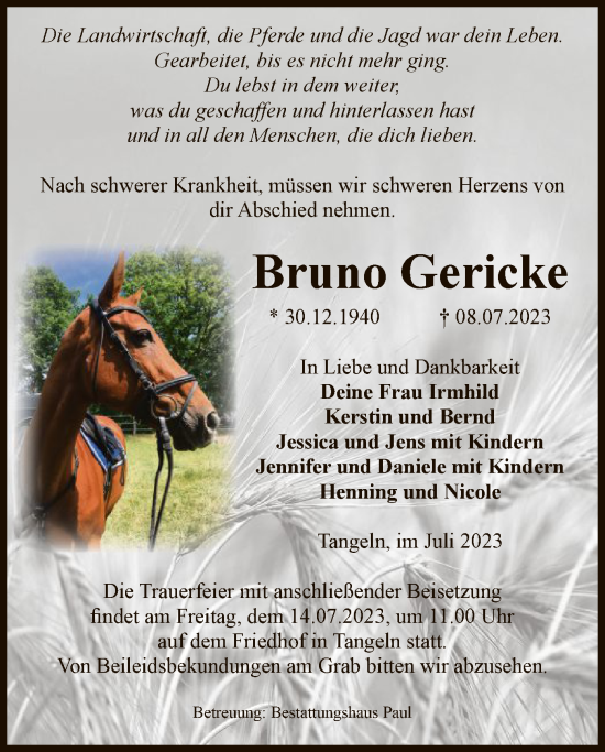 Todesanzeige von Bruno Gericke von UEL