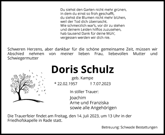 Todesanzeige von Doris Schulz von UEL
