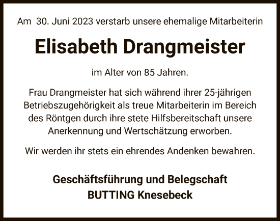 Todesanzeige von Elisabeth Drangmeister von UEL