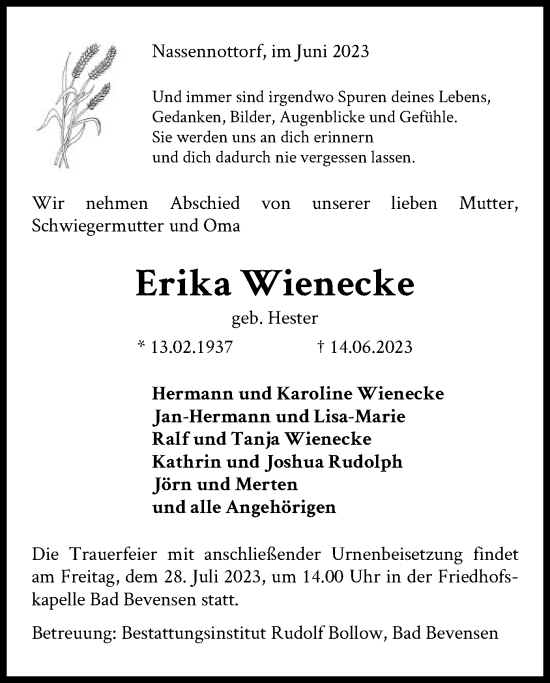 Todesanzeige von Erika Wienecke von UEL