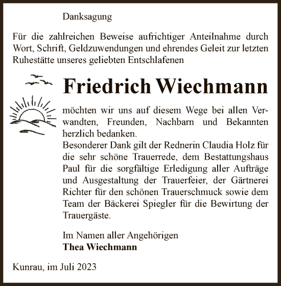 Todesanzeige von Friedrich Wiechmann von UEL