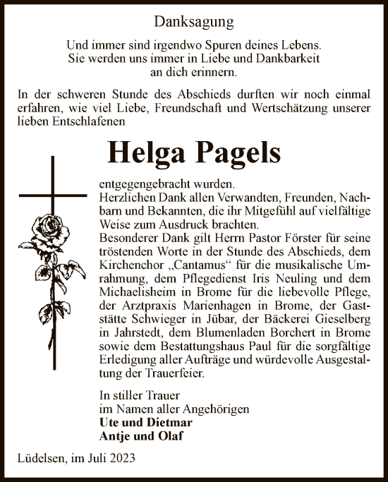 Todesanzeige von Helga Pagels von UEL