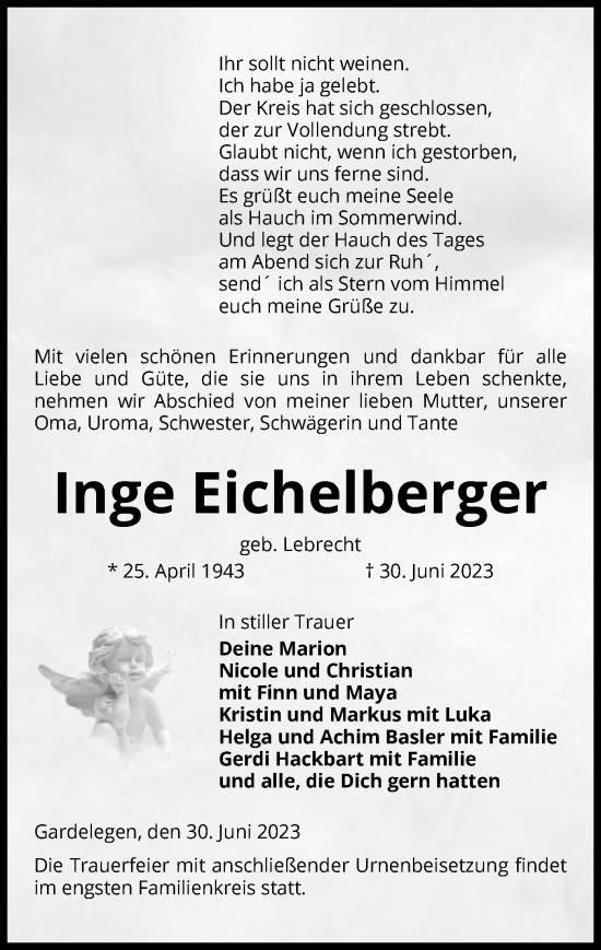 Todesanzeige von Inge Eichelberger von UEL