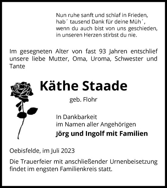 Todesanzeige von Käthe Staade von UEL