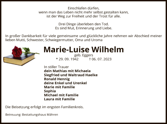 Todesanzeige von Marie-Luise Wilhelm von UEL