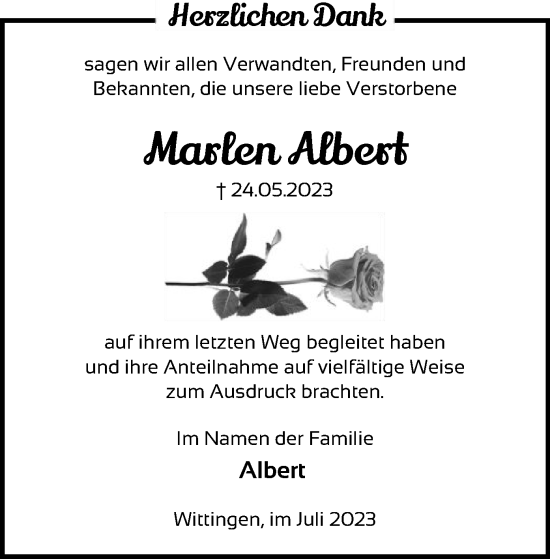 Todesanzeige von Marlen Albert von UEL