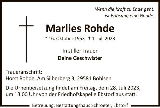 Todesanzeige von Marlies Rohde von UEL