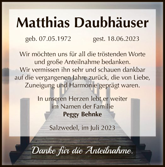 Todesanzeige von Mathias Daubhäuser von UEL