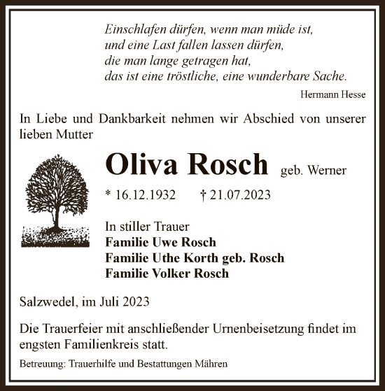 Todesanzeige von Oliva Rosch von UEL
