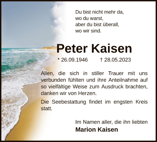 Todesanzeige von Peter Kaisen von UEL