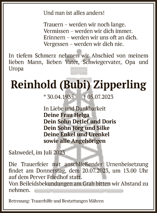 Todesanzeige von Reinhold Zipperling von UEL