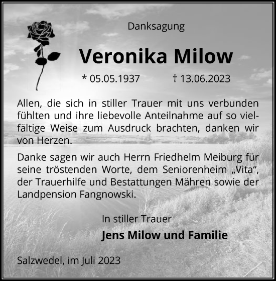 Todesanzeige von Veronika Milow von UEL