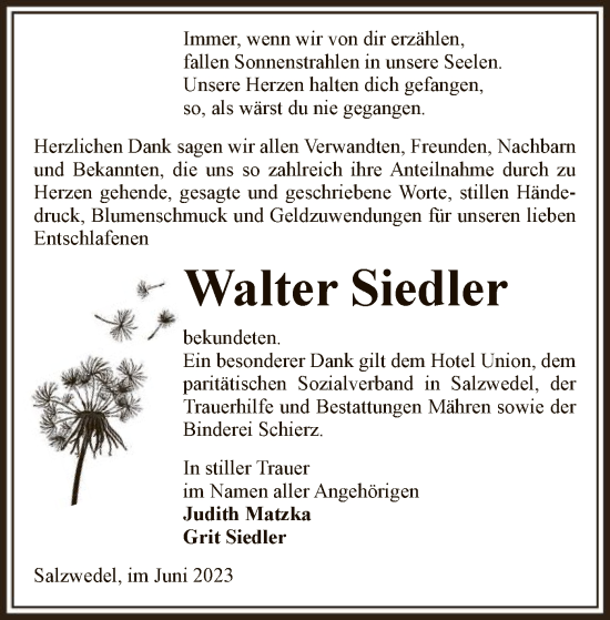 Todesanzeige von Walter Siedler von UEL