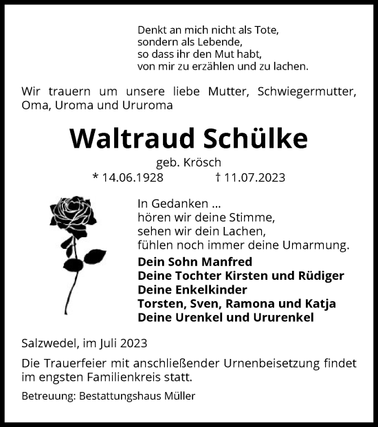 Todesanzeige von Waltraud Schülke von UEL