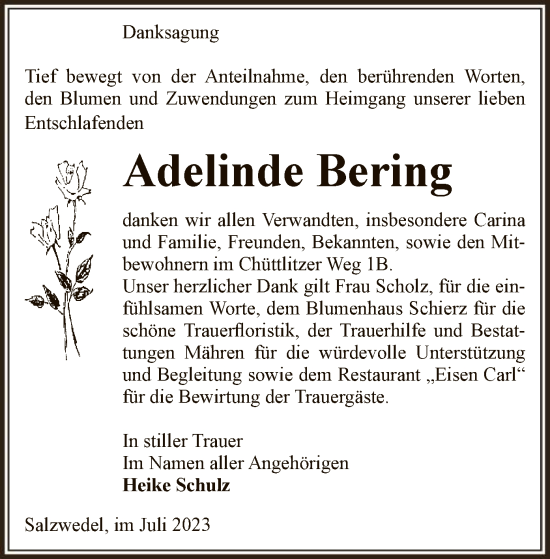 Todesanzeige von Adelinde Bering von UEL