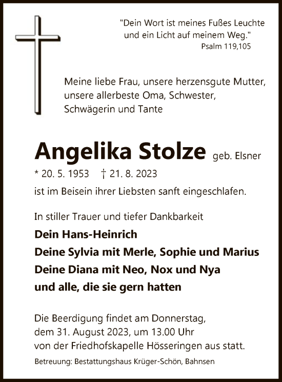 Todesanzeige von Angelika Stolze von UEL