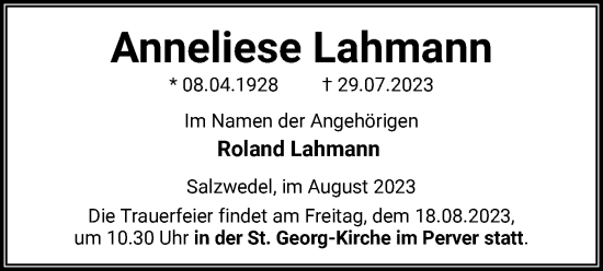 Todesanzeige von Anneliese Lahmann von UEL