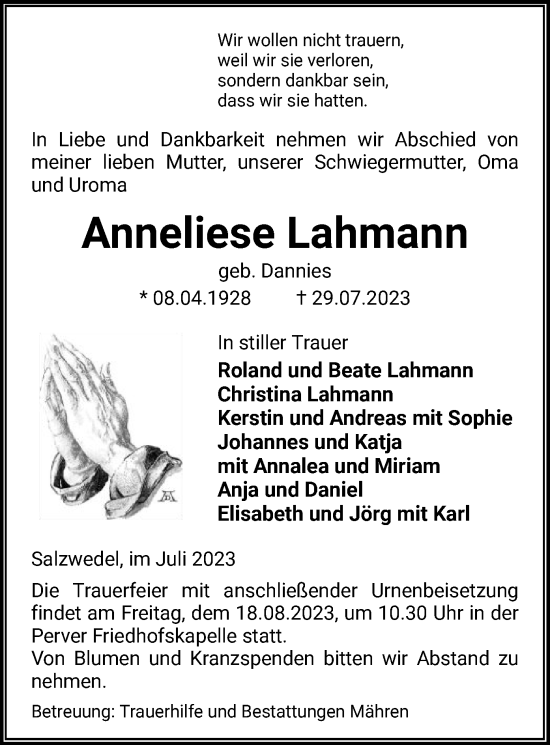 Todesanzeige von Anneliese Lahmann von UEL