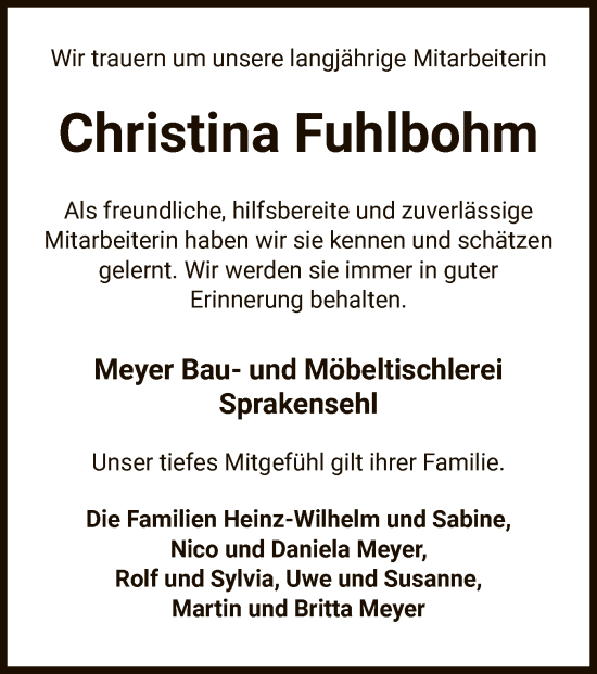 Todesanzeige von Christina Fuhlbohm von UEL