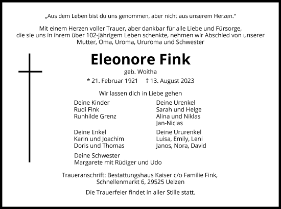 Todesanzeige von Eleonore Fink von UEL