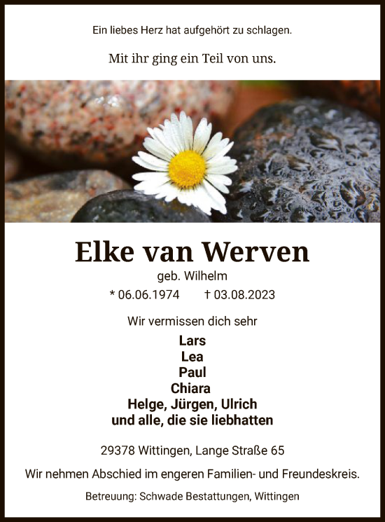 Todesanzeige von Elke van Werven von UEL