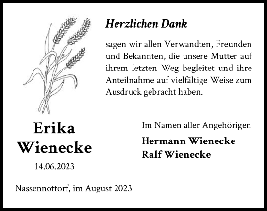 Todesanzeige von Erika Wienecke von UEL