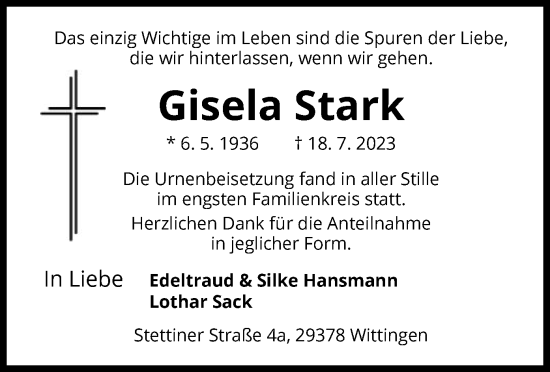 Todesanzeige von Gisela Stark von UEL