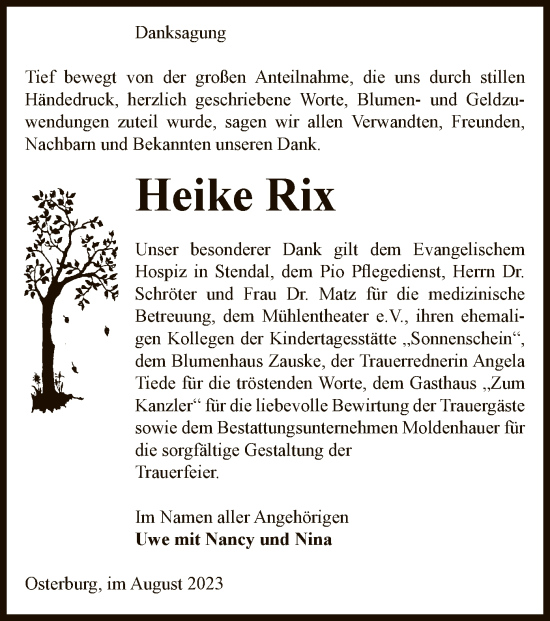 Todesanzeige von Heike Rix von UEL