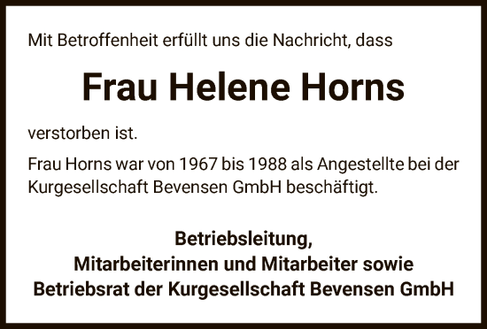 Todesanzeige von Helene Horns von UEL