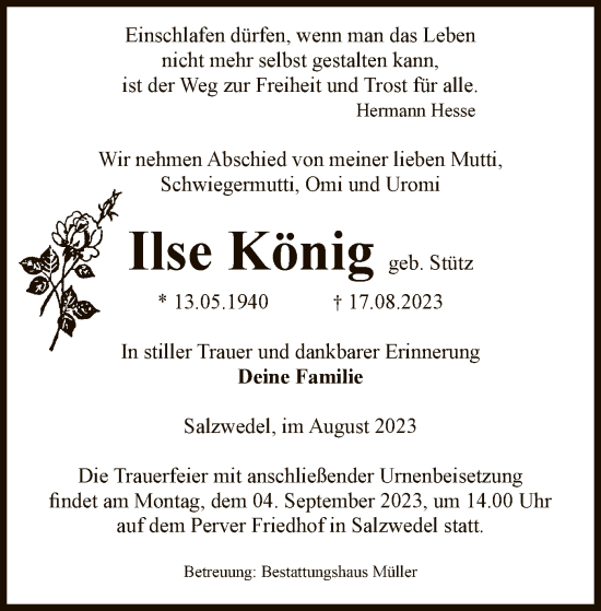 Todesanzeige von Ilse König von UEL