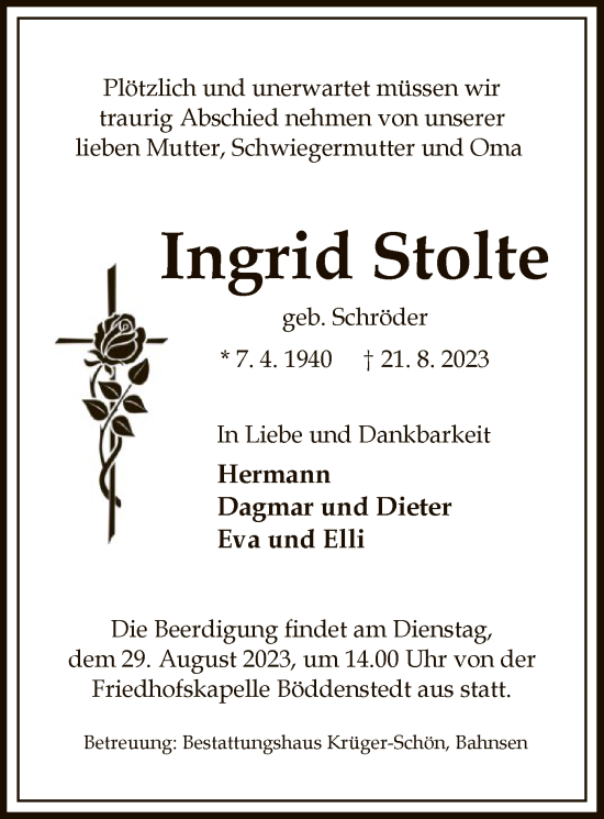 Todesanzeige von Ingrid Stolte von UEL