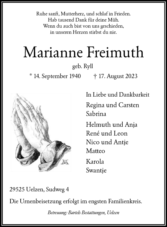 Todesanzeige von Marianne Freimuth von UEL