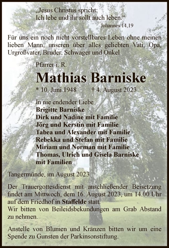 Todesanzeige von Mathias Barniske von UEL