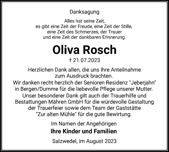 Todesanzeige von Oliva Rosch von UEL