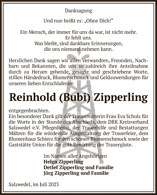 Todesanzeige von Reinhold Zipperling von UEL