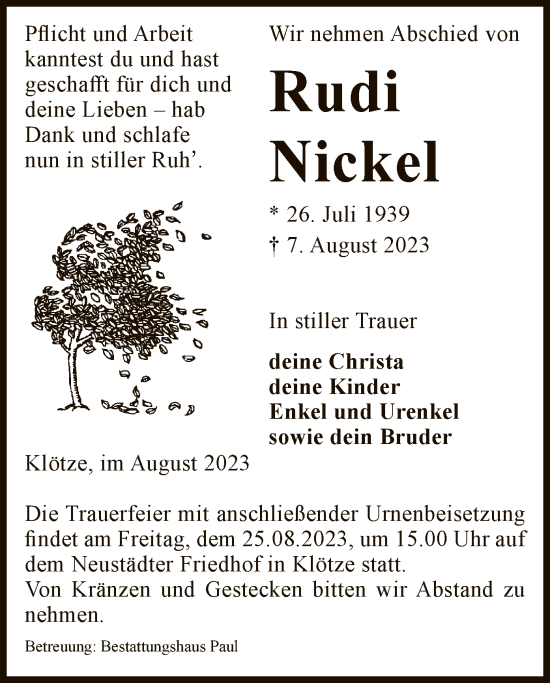 Todesanzeige von Rudi Nickel von UEL