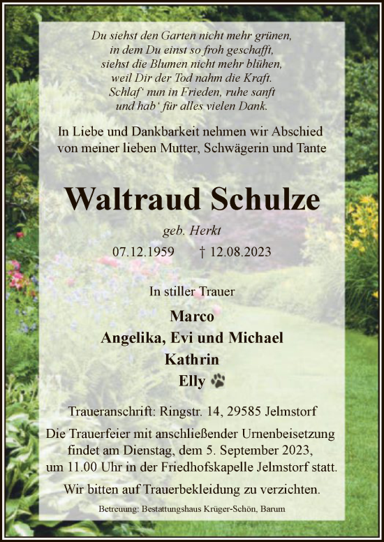 Todesanzeige von Waltraud Schulze von UEL