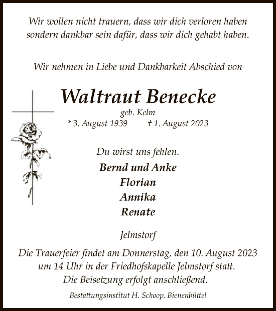 Todesanzeige von Waltraut Benecke von UEL