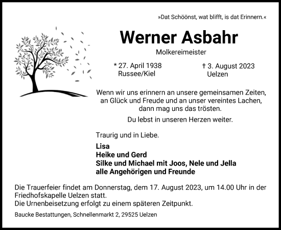 Todesanzeige von Werner Asbahr von UEL