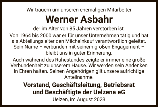 Todesanzeige von Werner Asbahr von UEL