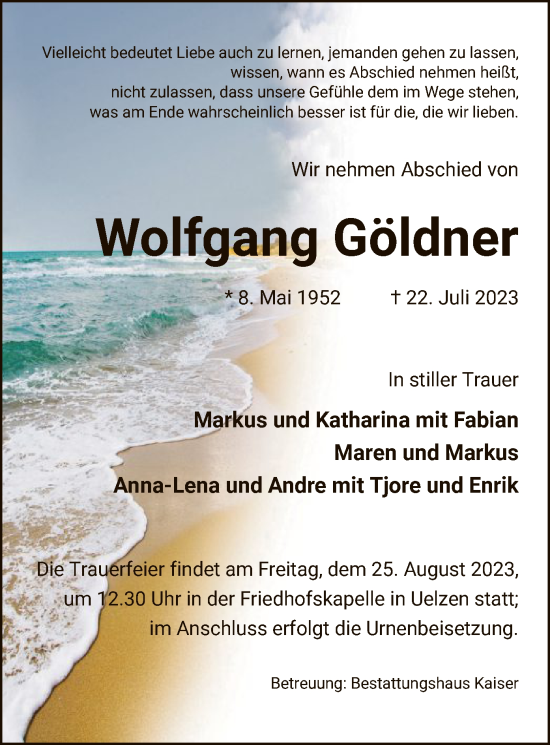 Todesanzeige von Wolfgang Göldner von UEL