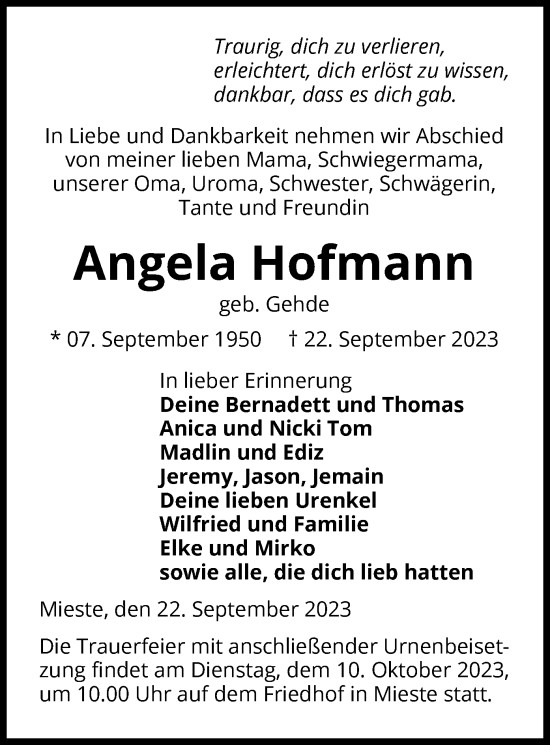 Todesanzeige von Angela Hofmann von UEL