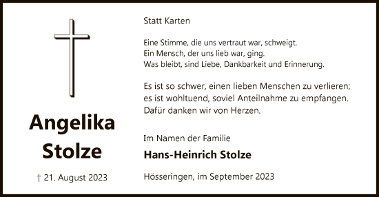 Todesanzeige von Angelika Stolze von UEL