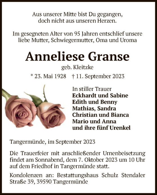 Todesanzeige von Anneliese Granse von UEL