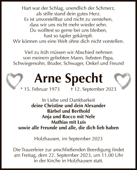 Todesanzeige von Arne Specht von UEL