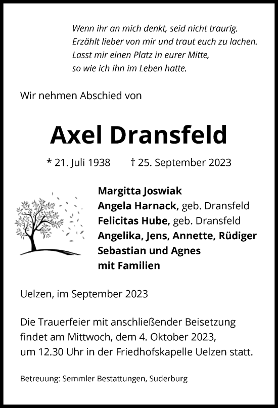 Todesanzeige von Axel Dransfeld von UEL