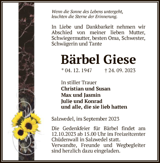 Todesanzeige von Bärbel Giese von UEL