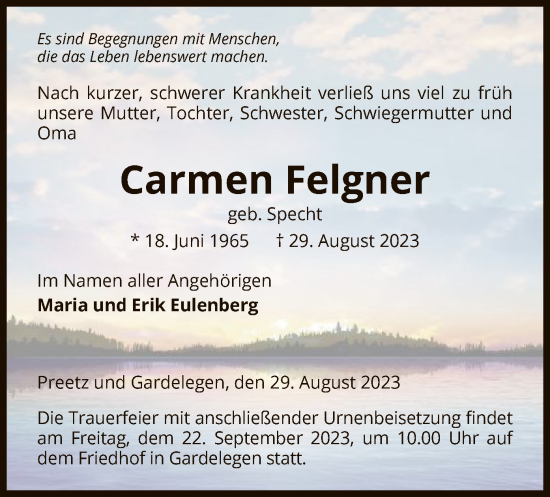 Todesanzeige von Carmen Felgner von UEL