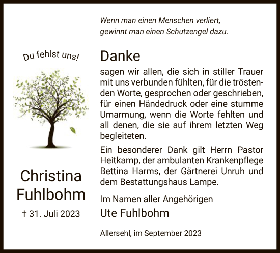 Todesanzeige von Christina Fuhlbohm von UEL