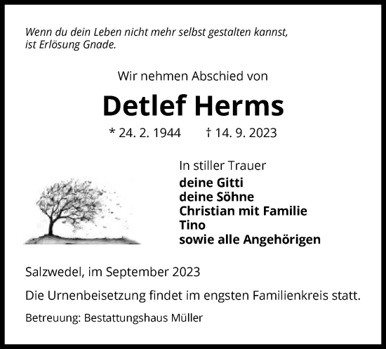Todesanzeige von Detlef Herms von UEL
